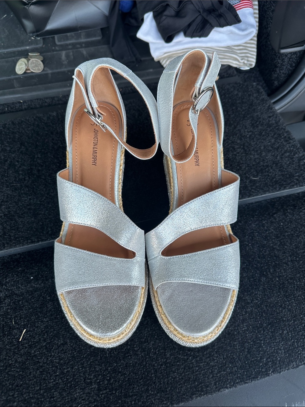 Johnston & Murphy Silver Espadrille Wedge Sandals